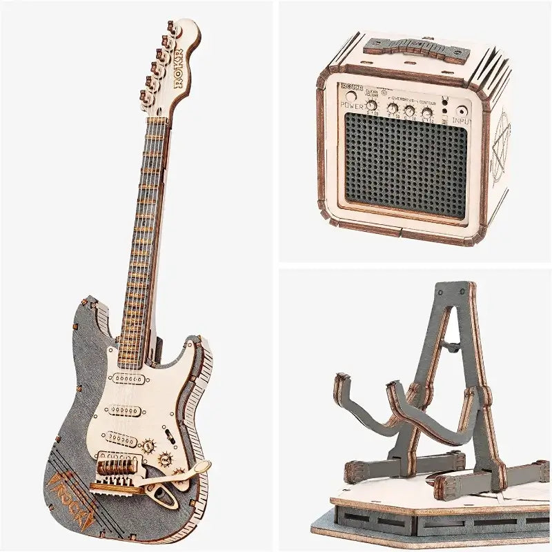 Miniatura Quebra-Cabeça em Madeira - Guitarra Stratocaster e Amplificador